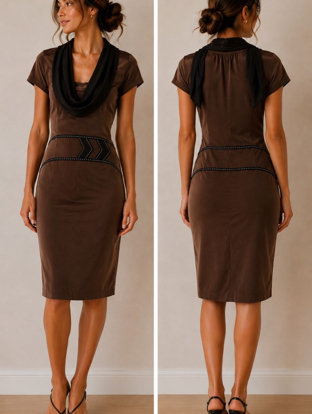100% Silk Vena Cava Brown Midi Dress with Black Trim